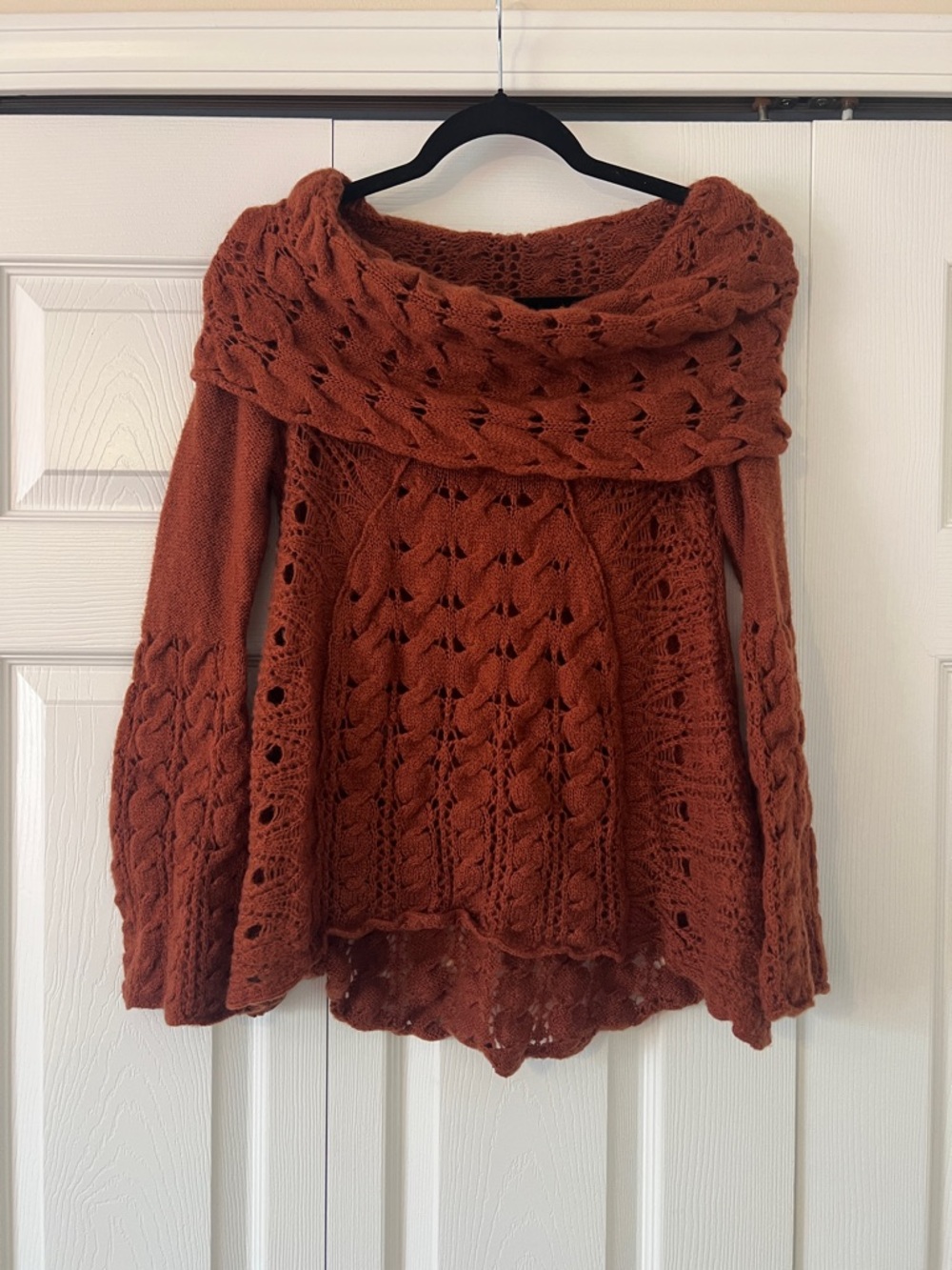 Free People Rust Cable-Knit Off-Shoulder Sweater